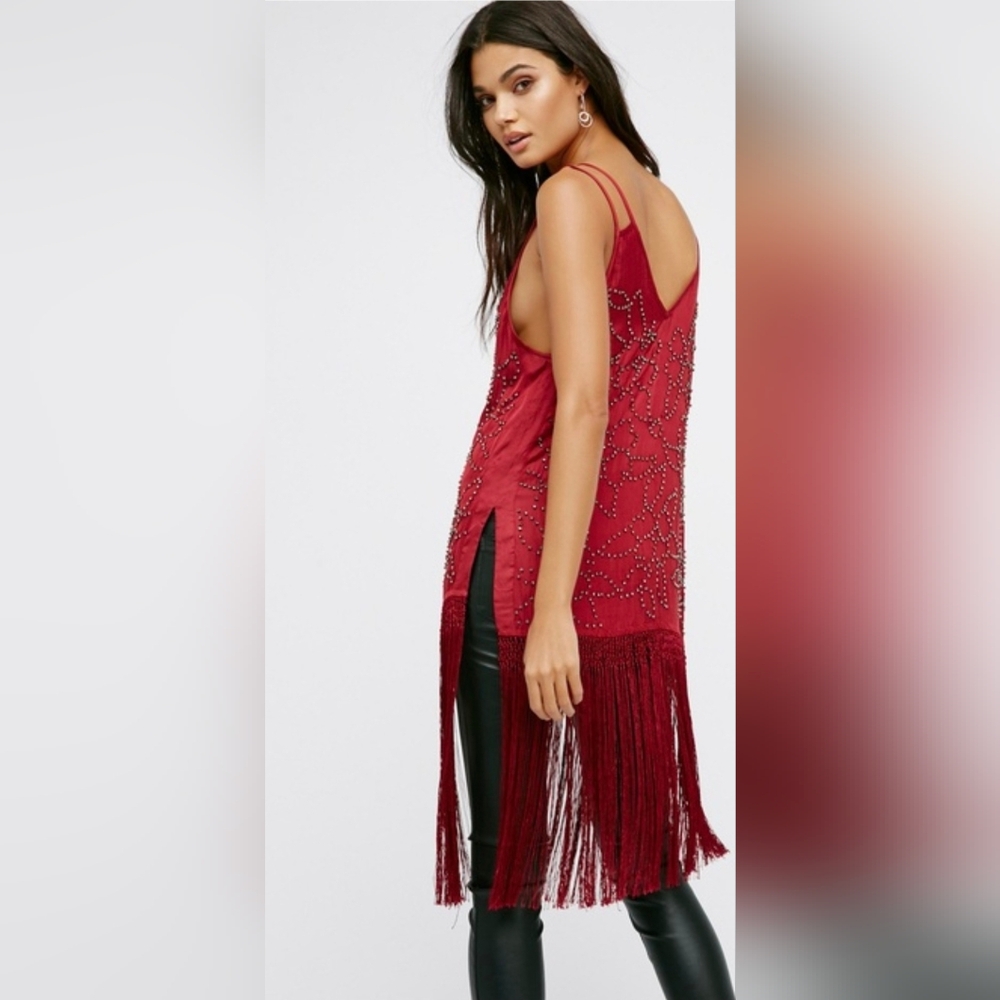 FREE PEOPLE Midnight Party Flapper Fringe Tunic Top Dress S Burgundy Boho Indie - Picture 2 of 16